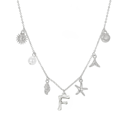 JALZEMPL Initial Charm Necklace For Women Seashell Shell Letter Boho Summer Beach Starfish 14k Gold Plated Silver Pendant Surfer Jewelry Gifts (F,Silver)
