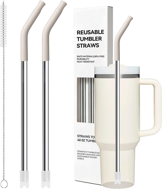 12.2'' Long Metal Straws With Silicone Tip For Stanley 40 oz Tumbler,Stainless Steel Straws Replacement for Stanley Quencher 40oz Cups,Reusable Dishwasher Safe Fit Simple Modern 40oz Big Mugs& Jar