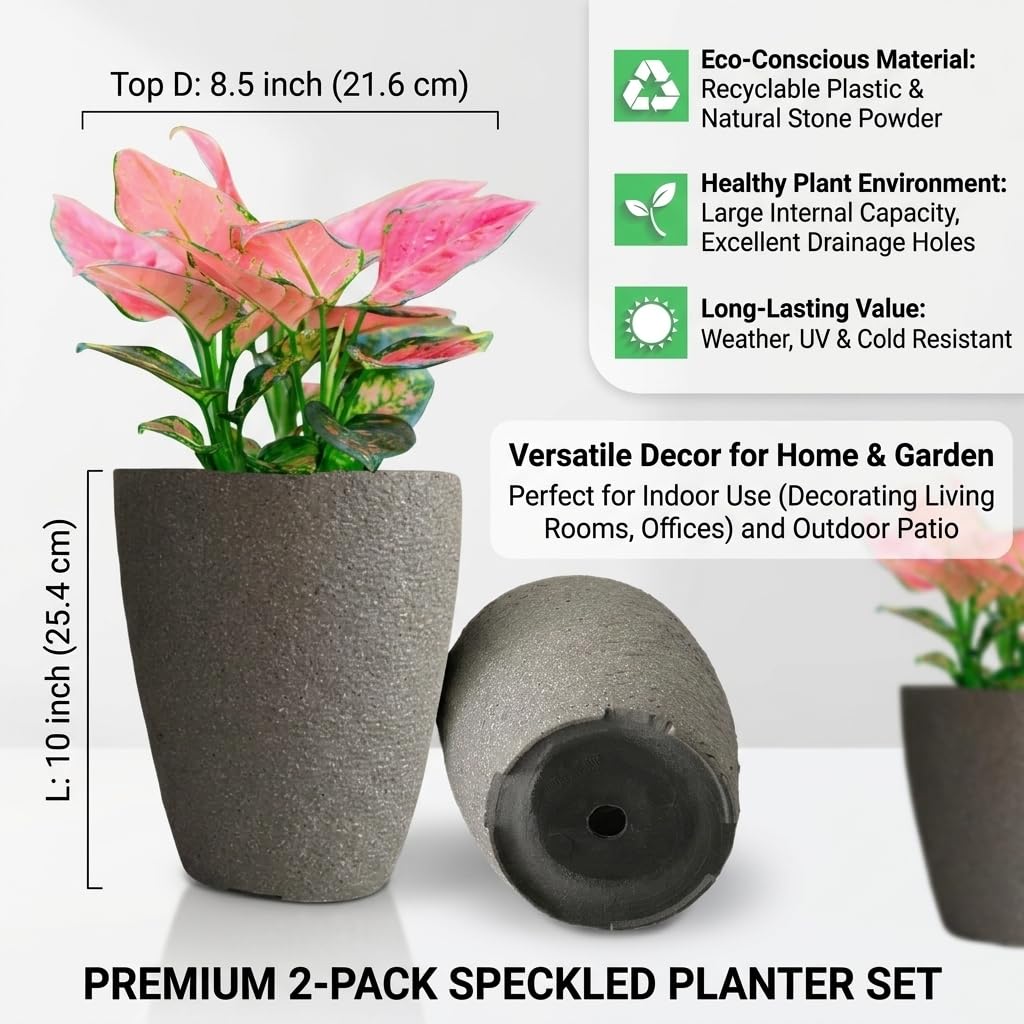 10 inch Garden Planter Lightweight Indoor Outdoor Pots with Drainage Hole for Potted Plants Flowers Greenery, Set of 2 (Speckled Grey)