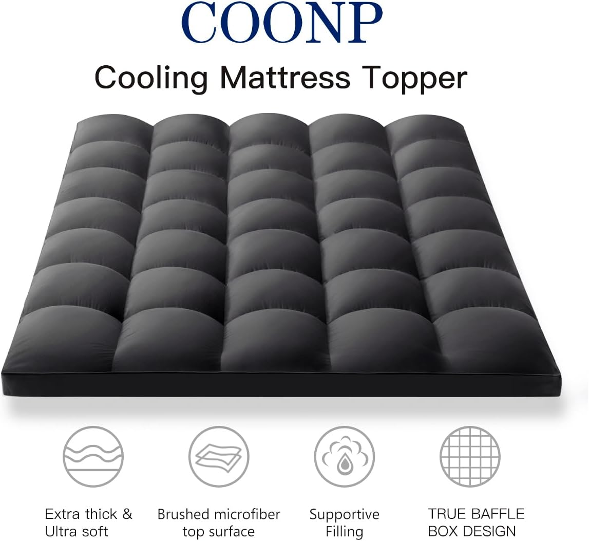COONP California King Mattress Topper, Extra Thick Pillowtop, Cooling Plush Mattress Pad Cover Bed Topper Protector with 8-21 Inch Deep Pocket (Black, California King)