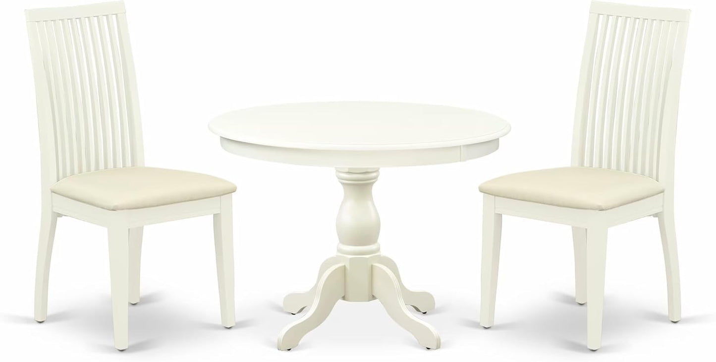 East West Furniture HBIP3-LWH-C 3 Piece Dinette Set for Small Spaces Contains a Round Dining Table with Pedestal and 2 Linen Fabric Upholstered Dining Chairs, 42x42 Inch, Linen White