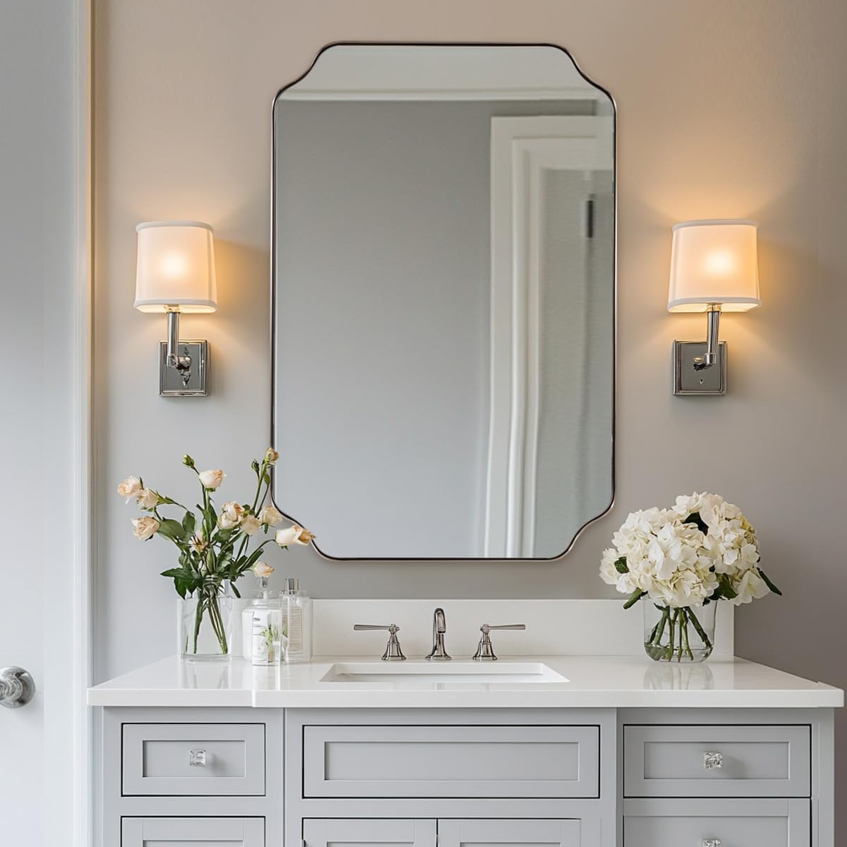 ANDY STAR 26x38 Inch Mirror for Bathroom, Brushed Nickel Scalloped Rectangle Mirror, Silver Bathroom Vanity Mirror in Rust-Proof Stainless Steel 1" Frame, Modern Scalloped Edge Design