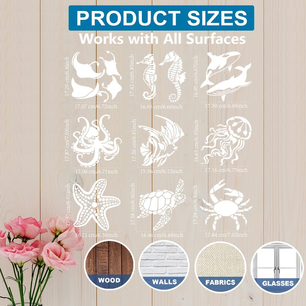 MAYJOYDIY 9pcs Sea Ocean Creatures Stencils 7.8×7.8inch/20×20cm Ocean Animal Painting Stencils with Paint Brush Summer Seahorse Jellyfish Octopus Turtle Template for Canvas Fabric Wall DIY Craft