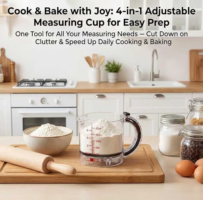4-in-1 Adjustable Measuring Cup with Scraper Lid & Push-Up Base, Multi-function 1 Tbsp to 1 Cup Kitchen Tool for Sticky Ingredients, Baking & Cooking, Space Saving Design (Size Options) (1)