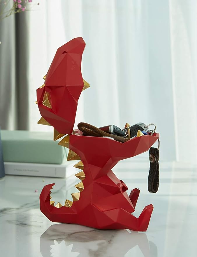 HAUCOZE Dinosaur Statue Candy Dish Key Bowl Dino Gifts Sculpture Modern Home Decor Accessories Pop Arts Polyresin Cookie Jar Red 7.5 inch