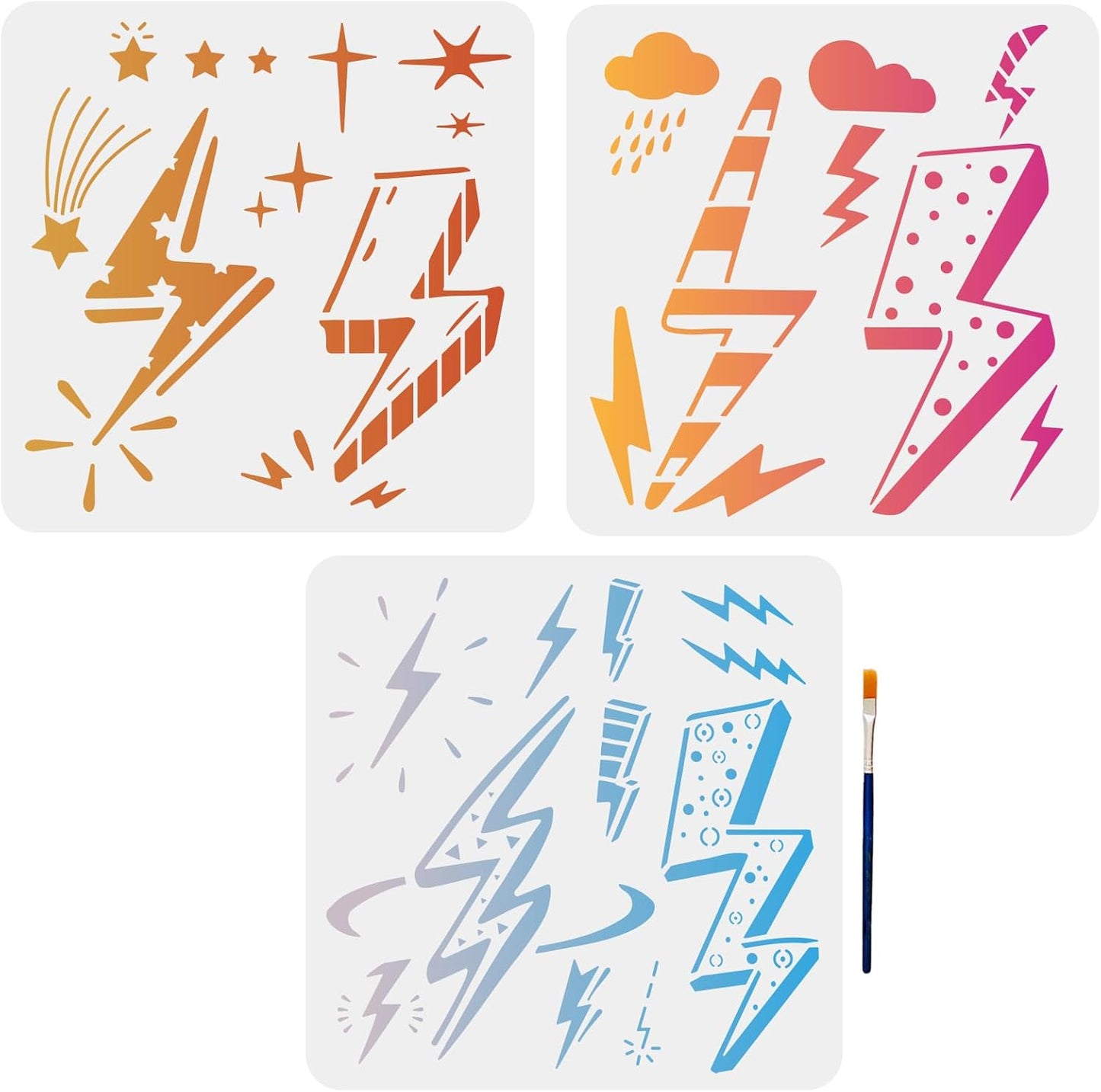 MAYJOYDIY 3pcs Lightning Bolt Stencil Dark Cloud Rain Star Nature Weather Storm Drawing Templates 11.8×11.8inch with Paint Brush on Wall Wood Glass Fabric Paper