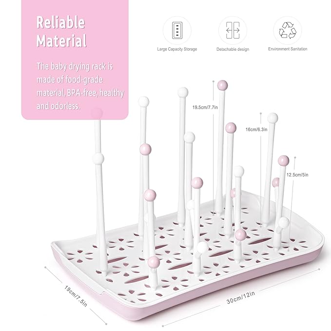 Termichy Baby Bottle Drying Rack, Large Capacity Baby Bottle Rack for Bottles, Dry Rack with Removable Water Tray(Pink)