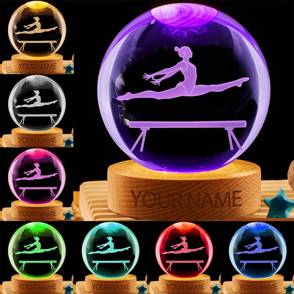 Personalized Gymnastics Crystal Night Light Gift for Women, Custom Name/Number Gymnastics Player 3D Crystal Ball Night Light Lamp for Bedroom Room Sports Decor Party Bar Christmas Birthday Gift