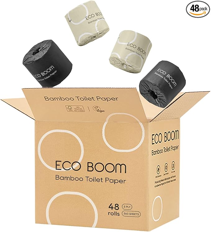 ECO BOOM Toilet Paper 100% Bamboo 3-Ply, PFAS Free, BPA Free, Septic Safe, 48 mega Rolls, FSC Certified, 360 Sheets, Plastic & Chemical Free