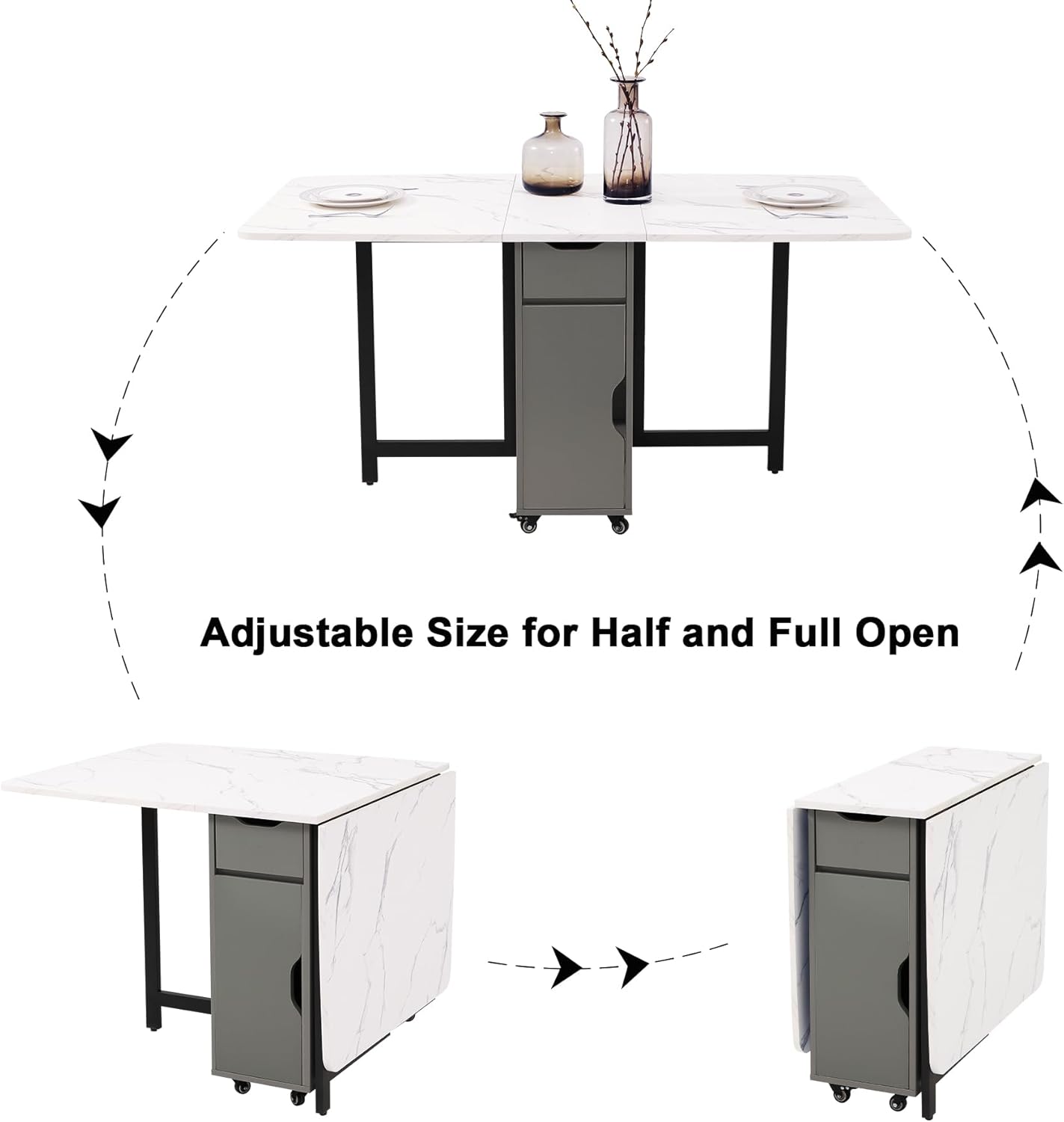 Foldable Space Saving Dining Table Extendable, Folding Dining Table with Storage and Wheels 2-Layers, Versatile Drop Leaf Table Modern for Living Room, Kitchen, RV Campers (Grey)