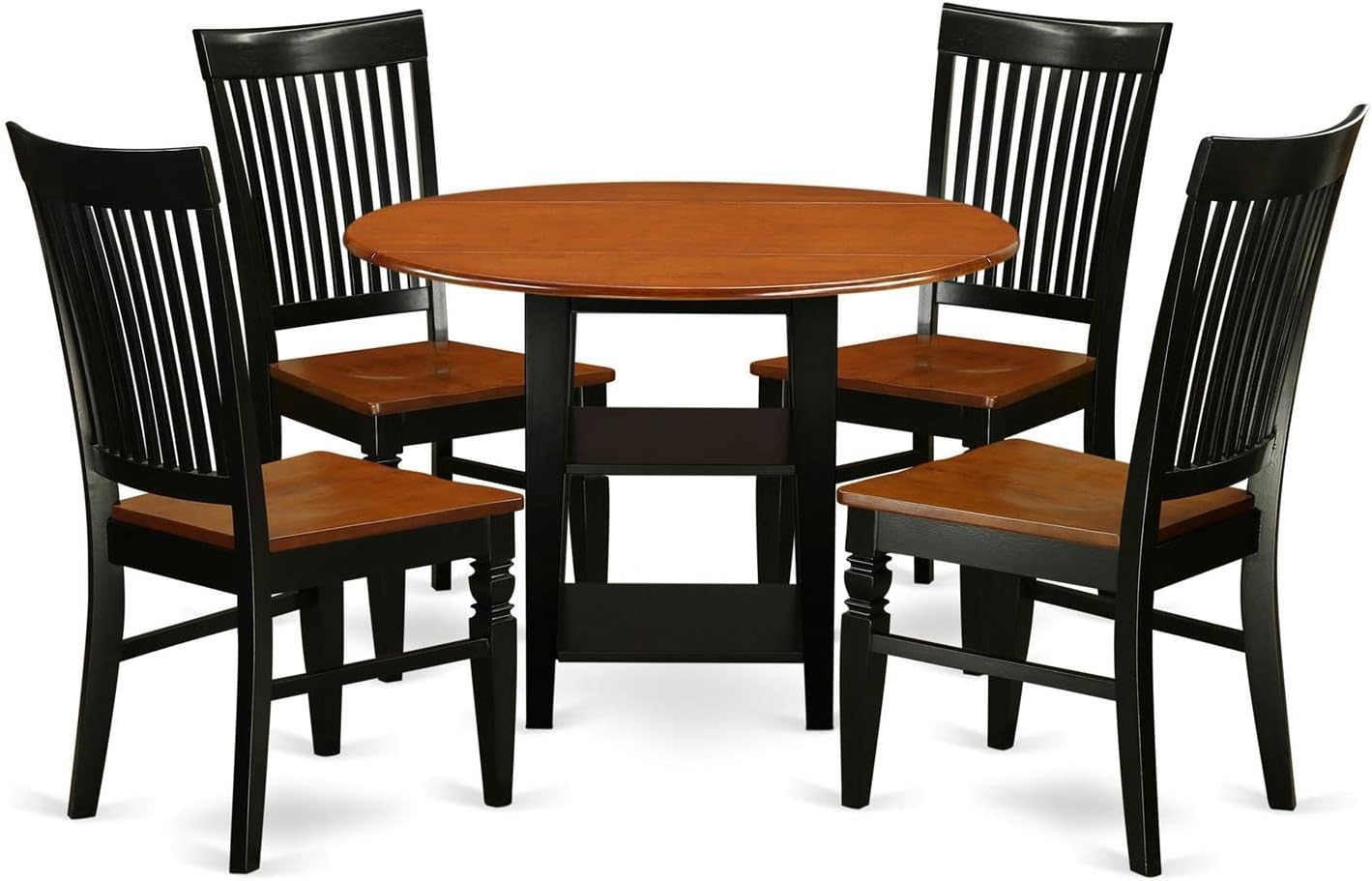East West Furniture SUWE5-BCH-W 5 Piece Dining Set Includes a Round Dining Room Table with Dropleaf & Shelves and 4 Kitchen Chairs, 42x42 Inch, Black & Cherry
