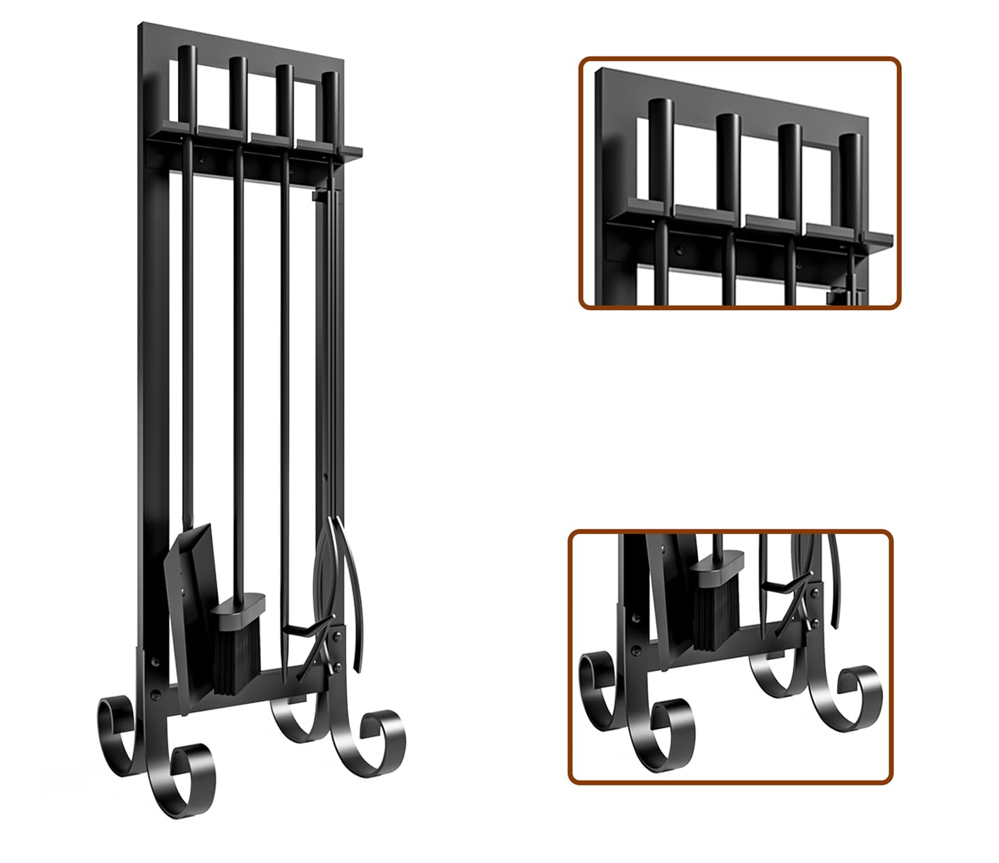 CALIDOLA 5 Pieces Wrouhgt Iron Fireplace Tools Set,31-Inch Modern Black Outdoor Indoor Fireplace Companion Set Stove Hearth Accessories with Poker, Tong, Shovel, Brush