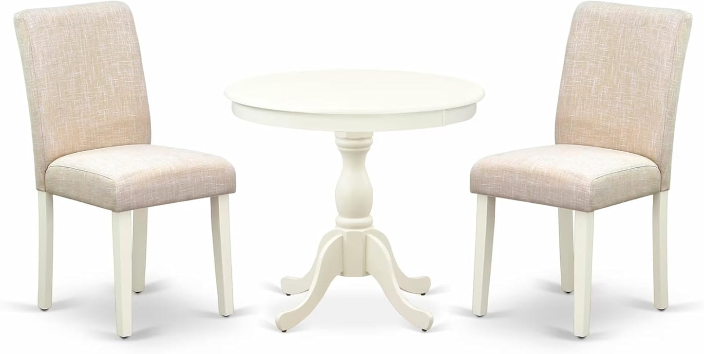 East West Furniture AMAB3-LWH-02 3 Piece Dining Room Furniture Set Contains a Round Dining Table with Pedestal and 2 Light Beige Linen Fabric Upholstered Chairs, 36x36 Inch, Linen White