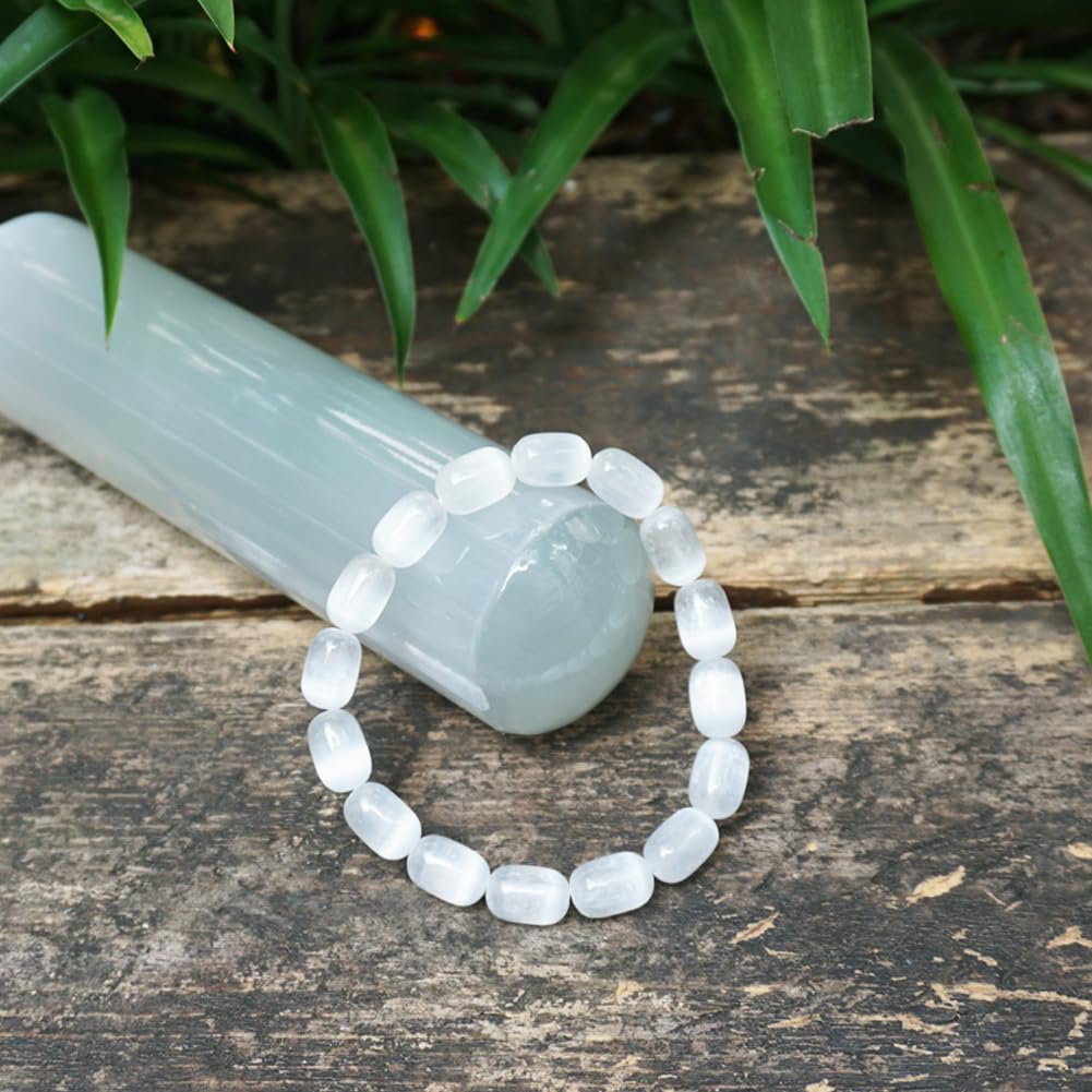 TaHLga Natural Selenite Crystal Bracelet for Women Men |8x12mm White Cylinder Beads | Crown Chakra Stone with Leather Pouch, Gift Box & Repair Kit | Fits about 7.5 inch Wrist