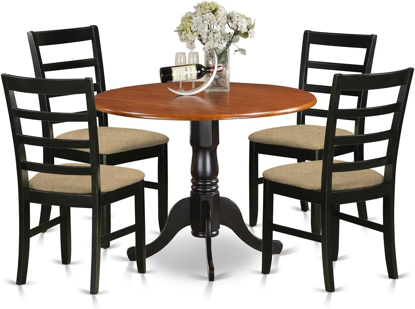 East West Furniture DLPF5-BCH-C 5 Piece Kitchen Table & Chairs Set Includes a Round Dining Room Table with Dropleaf and 4 Linen Fabric Upholstered Chairs, 42x42 Inch, Black & Cherry