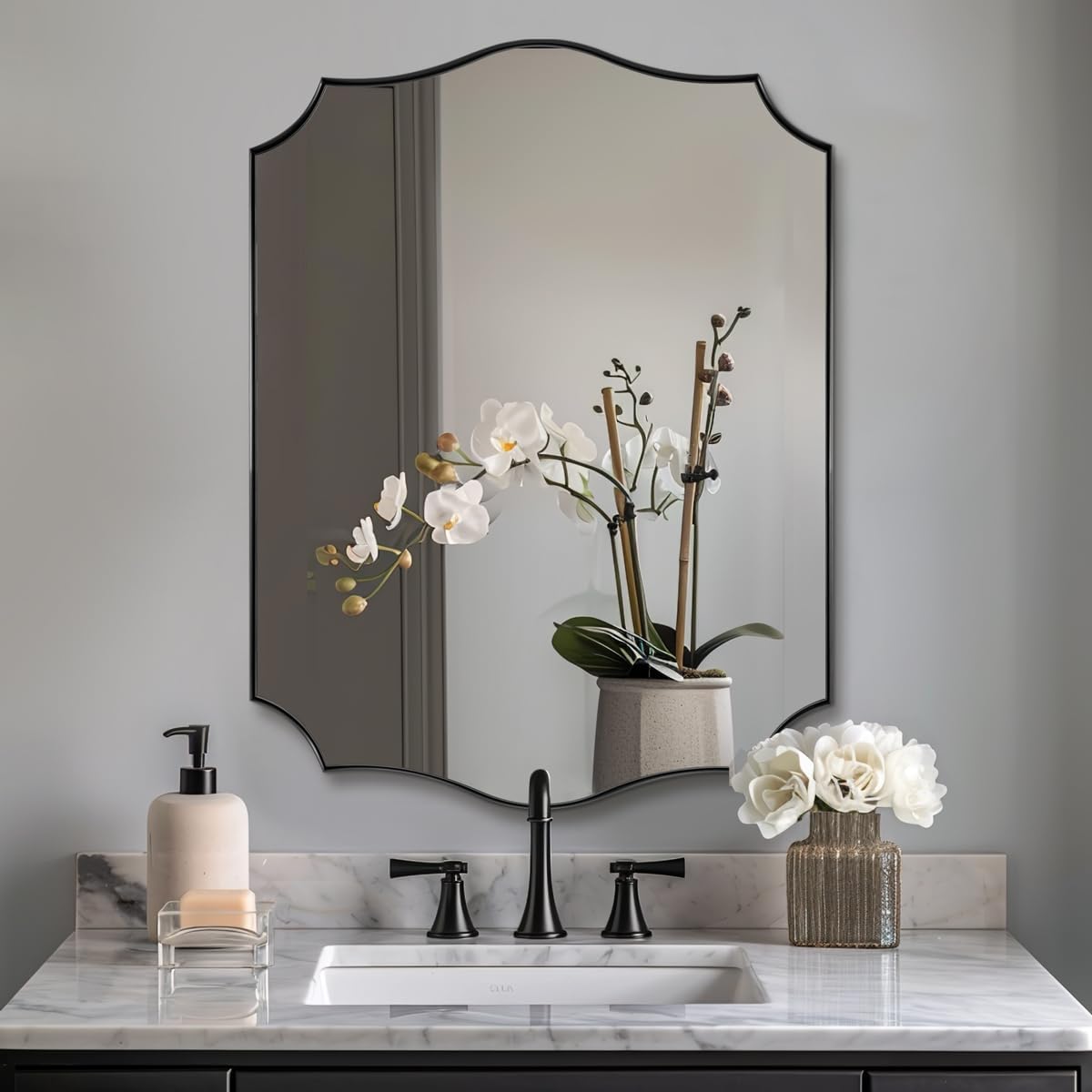 ANDY STAR Black Bathroom Vanity Mirror, 22x30 Irregular Wall Mirror, Scalloped Wall Mirror in Stainless Steel Metal Frame, Asymmetrical Mirror for Bathroom, Bedroom, Living Room, Mantel