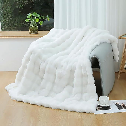 UKELER White Plush Furry Throw Blanket Super Soft Cozy Warm Blanket for Bed, Couch, Sofa, Office, Camping Shaggy Faux Fur Blanket Gift for Women, Men 50''x60''