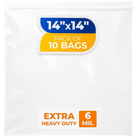 14" x 14" Large Zip Seal Lock Bags, 6 Mil (Pack of 10) – Heavy-Duty Reclosable Plastic Bags – Clear, Resealable, Waterproof – For Storing and Organizing Clothes, Jewelry, and Travel Items