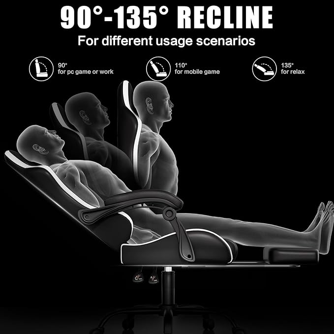 Gaming Chair with Footrest Racing Style Lumbar Support Massager Video Game Chair with Metal Legs, High Back Gamer Chair with Headrest, 360° Swivel Office Computer Desk Chair, Cool White