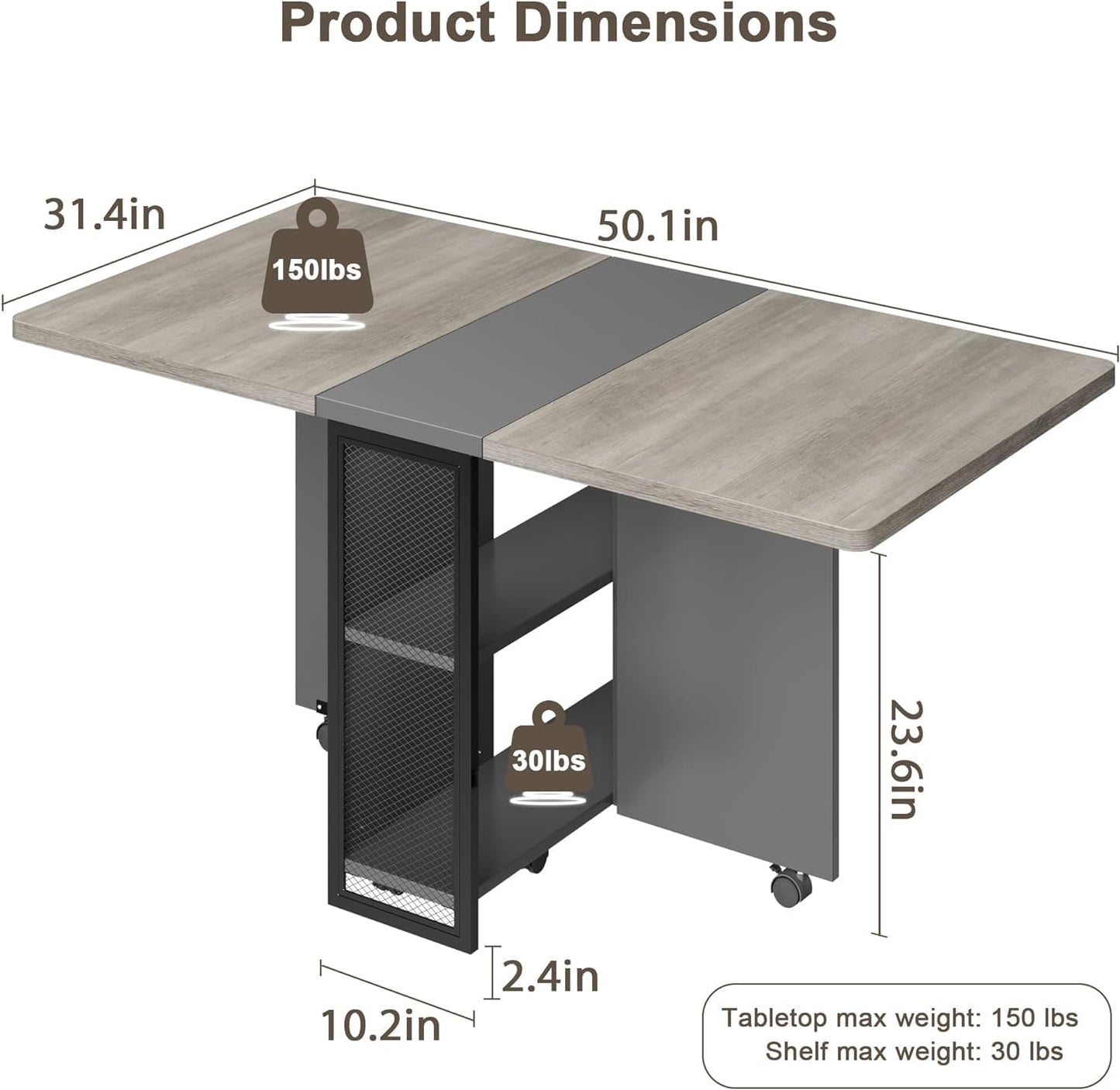 IDEALHOUSE Folding Dining Table, Drop Leaf Dining Table with 6 Wheels and 2-Layer Storage Shelf, Space Saving Dining Table for Small Spaces (Carlo Grey, 50.1" D x 31.4" W x 29.5" H)