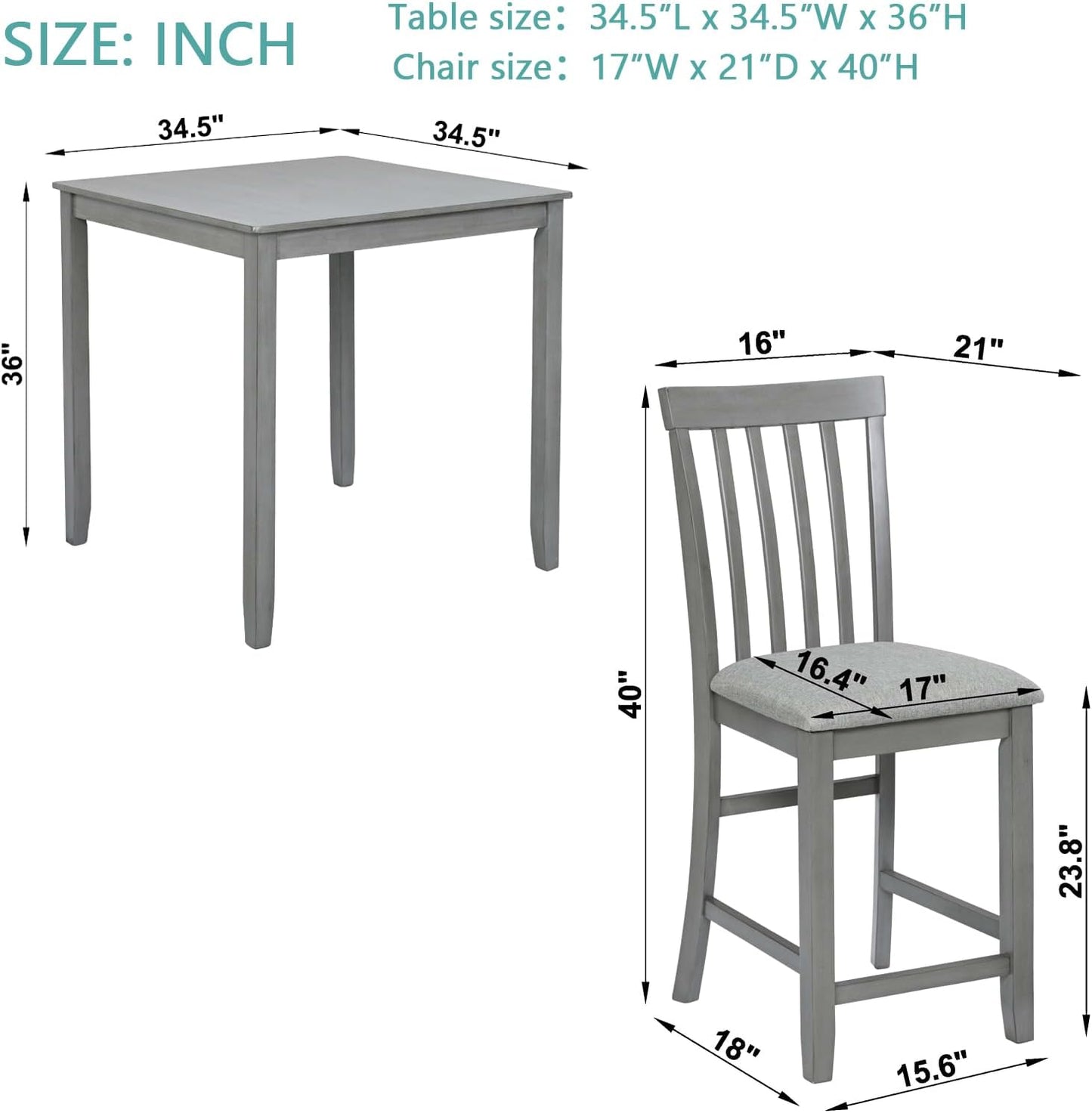 KEIKI 5-Piece Counter Height Dining Table Set with Square Table and 4 Upholstered Vertical Slatted Backrset Chair, for 4 Person, Modern Wooden Table Set, Easy Assembly, for Kitchen, Dining Room, Gray