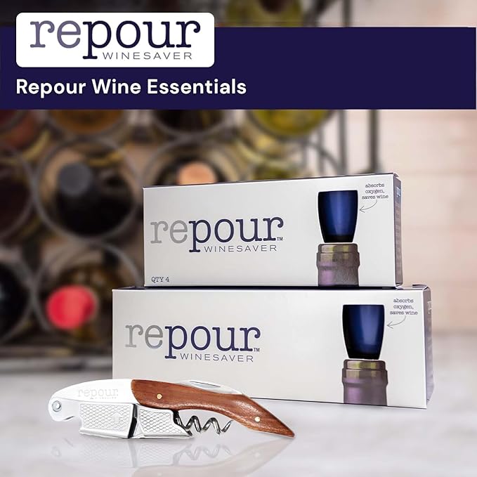 Repour Wine Essentials Combo Pack – Premium Corkscrew & Wine Saver | Manual Wine Key Removes Corks Easily, Wine Stopper Preserves Wine Easily|Perfect for Wine Lovers and Enthusiasts (Rosewood 4 Pack)
