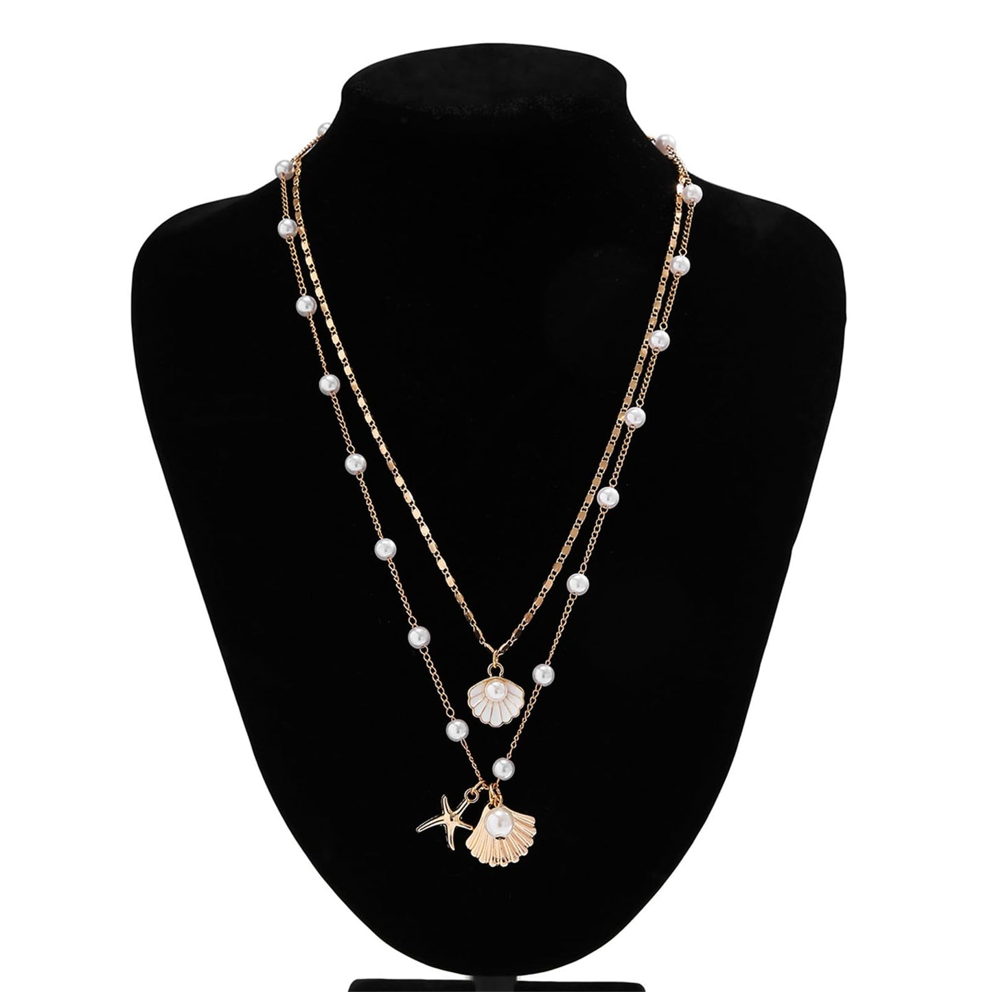 Boho Starfish Seashell Layered Necklace Gold Silver Plated Dainty Charm Double Layer Sea Shell Lucky Stars Ocean Animal Chain Necklace for Women Hawaiian Summer Beach Vacation Jewelry Gifts (White)