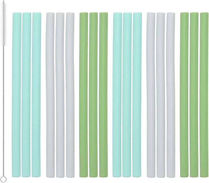 Silicone Straws Reusable – 18 Pack Extra Long Food Grade Rubber Straw with Cleaning Brush, Soft Flexible Silicone Reusable Straws for Smoothies, Coffee & 20oz 30oz Tumblers (Green)