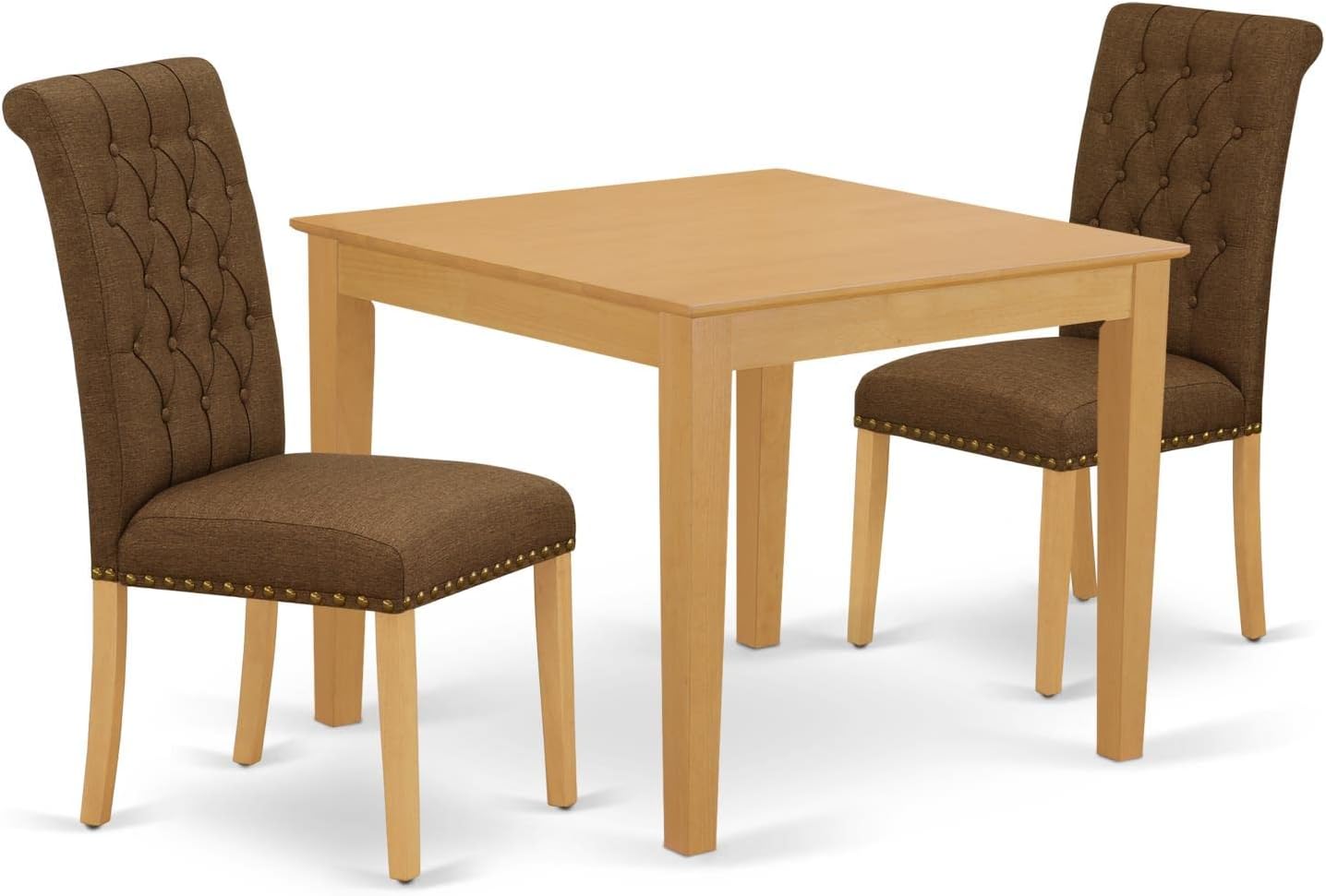 East West Furniture OXBR3-OAK-18 3 Piece Dinette Set for Small Spaces Contains a Square Dining Room Table and 2 Brown Linen Linen Fabric Upholstered Chairs, 36x36 Inch, Oak