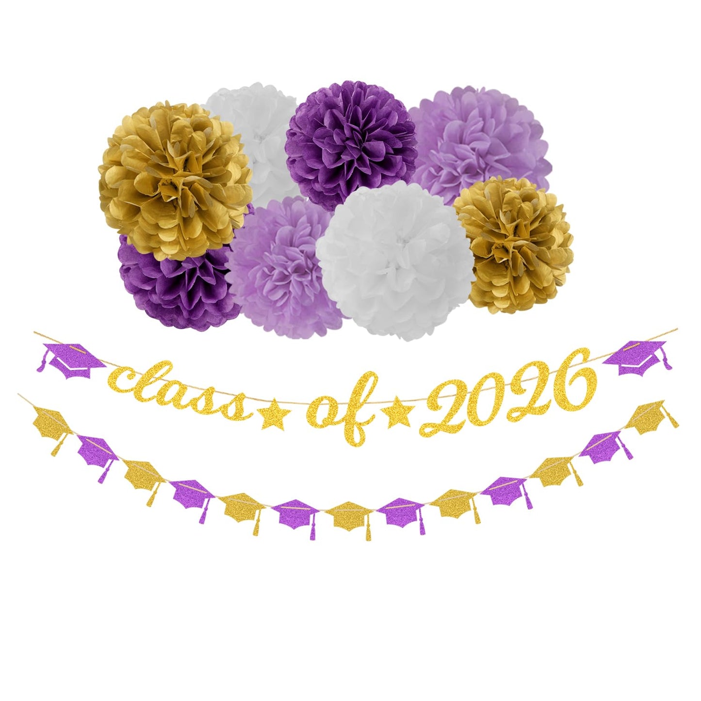 Purple White-Gold Party-Decorations Graduation Banner - 8pcs Kits Class of 2026 Cap Garland Streamers, Paper Tissue Pom Poms Flowers, Congratulations Grad Decor Lasting Surprise