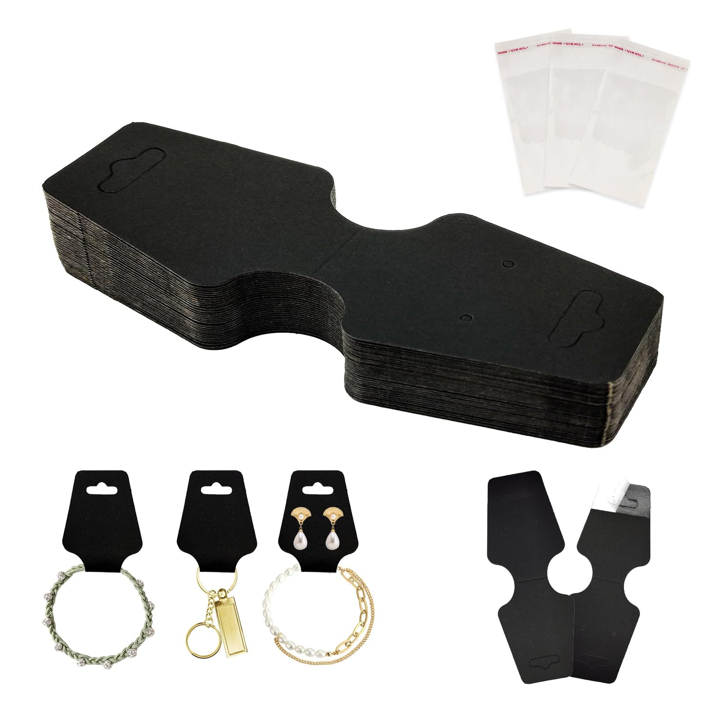 200pcs Jewelry Display Cards with Adhesive,1.7*4.7inch Necklace Display Kraft Cards with 200pcs Packaging Bags Jewelry Holder Cards Hanging for Earring Hair Band Keychain Scrunchies (Black)