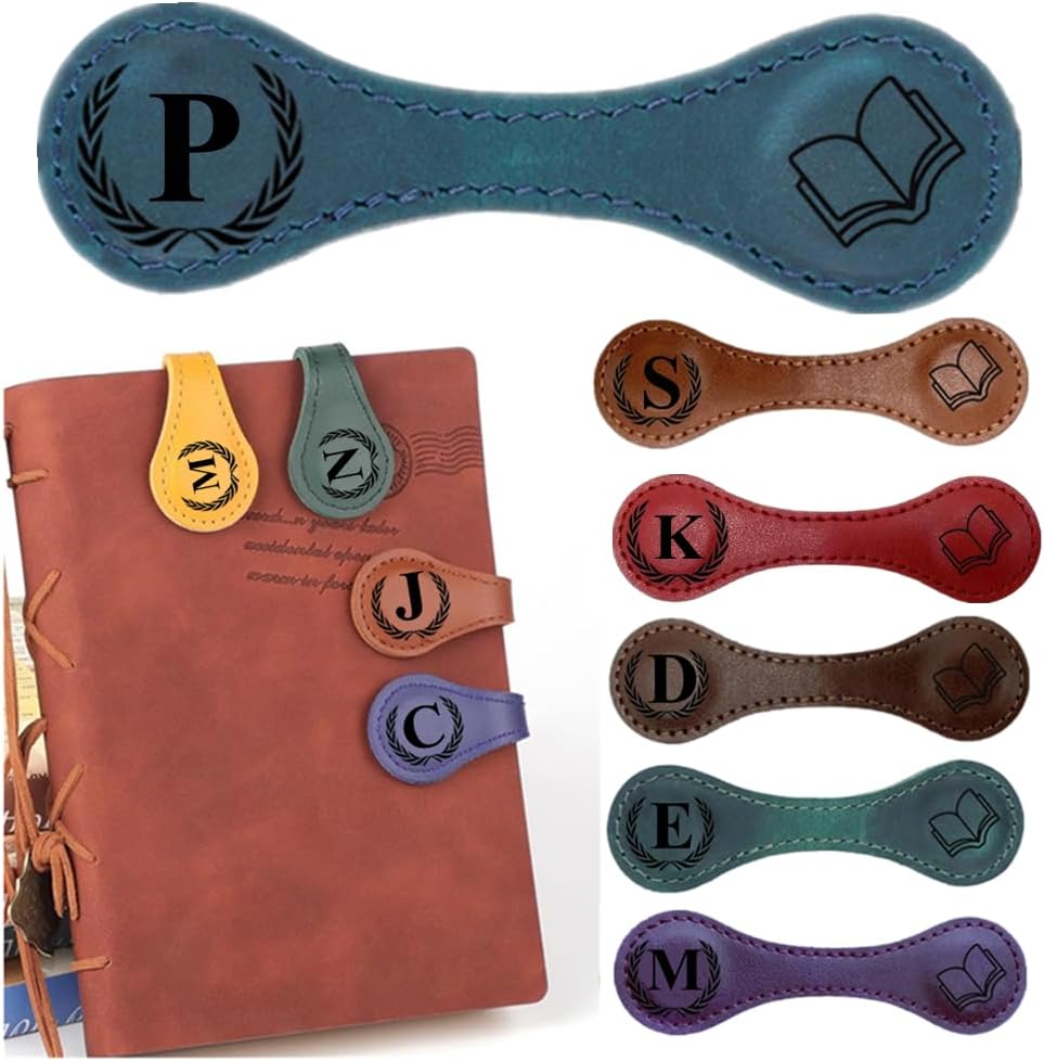 Personlized Magnetic Leather Bookmarks with Initials, Customized Book Marks Clip 26 Letters Bookmark for Reading Women, Men, Kids,Cute Book Markers Meaningful Gift for Book Lovers (Blue, P)