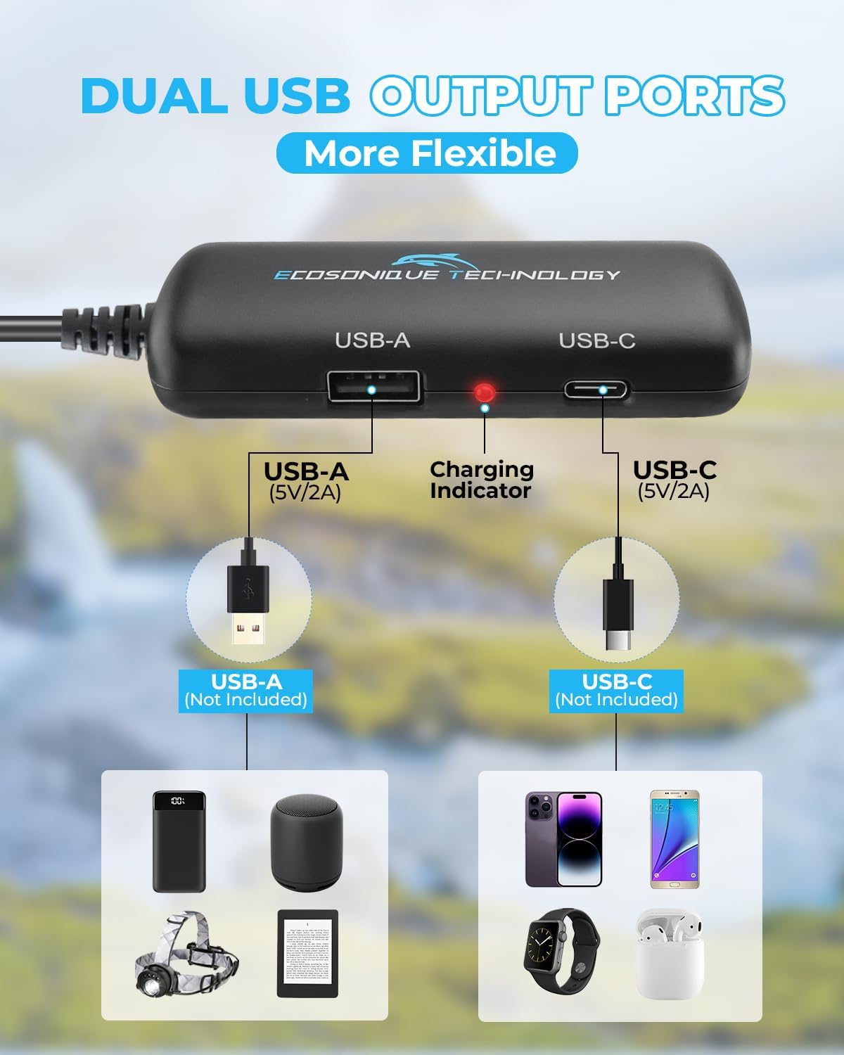 Ecosonique 10W/15W/30W/60W Portable Solar Panel Charger, Ip67 Waterproof Etfe Usb Solar Phone Charger With Detachable Power Hub,