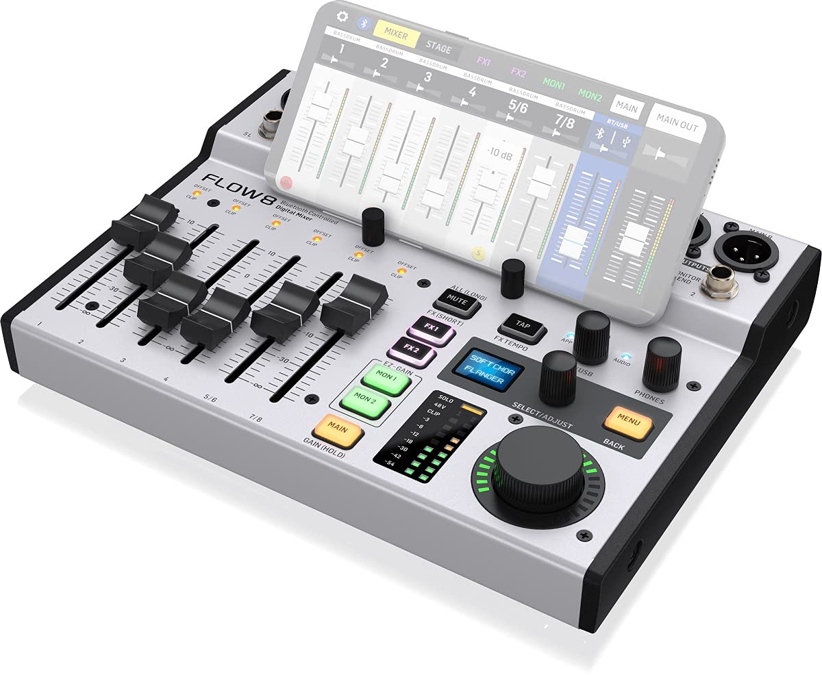 Behringer Flow 8 8-Input Digital Mixer With Bluetooth Audio And App Control, 60 Mm Channel Faders, 2 Fx Processors And Usb/Audio