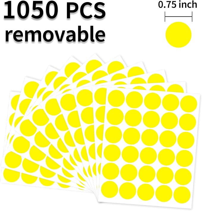 0.75 Inch Removable Color Code Dot Sticker Round Labels,Garage Sale Stickers Price Tags Label Blank Yard Sale Circle Dot Stickers(1050 Pack,Yellow)