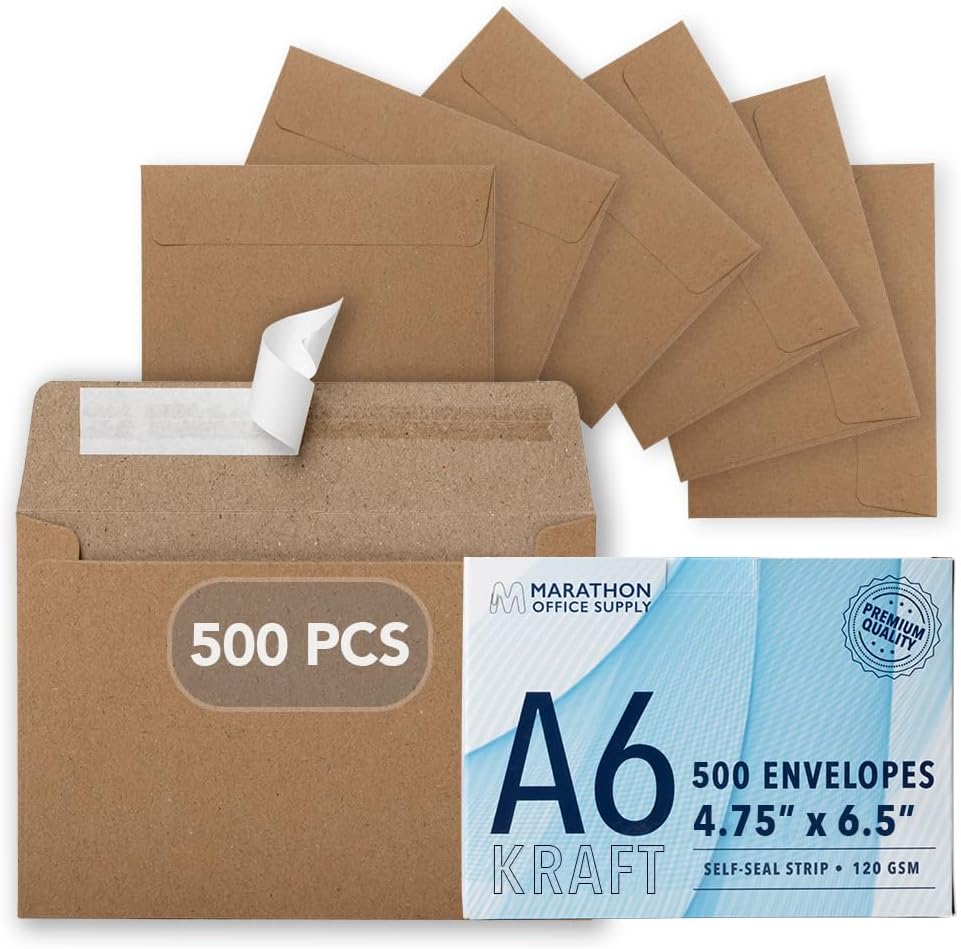 MOS A6 Kraft Envelopes 4.75 x 6.5 Inch 500 Pack — Brown Self-Seal Heavyweight Invitation Envelopes for Greeting Cards, Gift Cards, Weddings, Business Mailings, Thank You Cards