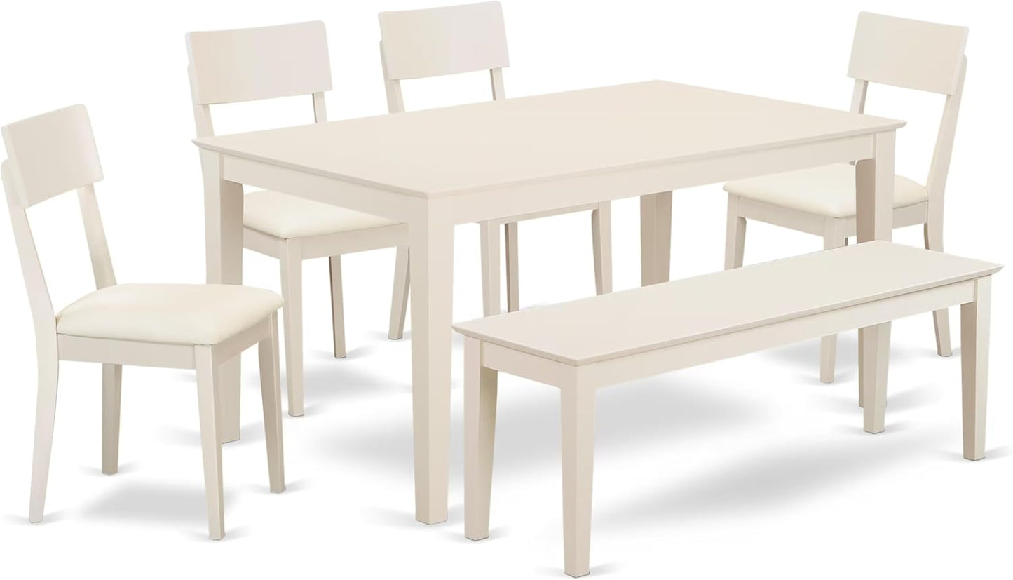 East West Furniture CAAD6-LWH-LC 6 Piece Dining Table Set Contains a Rectangle Dining Room Table and 4 Faux Leather Upholstered Chairs with a Bench, 36x60 Inch, Linen White