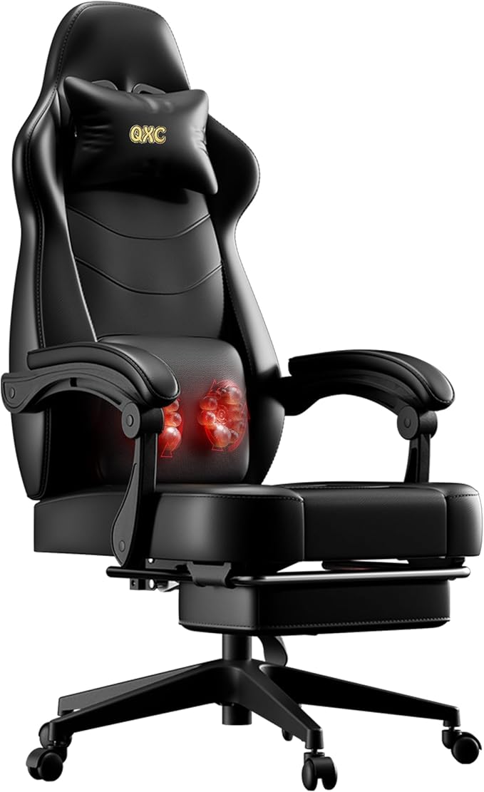 Ergonomic Gaming Chair with Lumbar Massage & Heat, 3D Adjustable Backrest, Thickened PU Leather Seat, Hidden Footrest and Silent Casters for Office/Home (63-77in)
