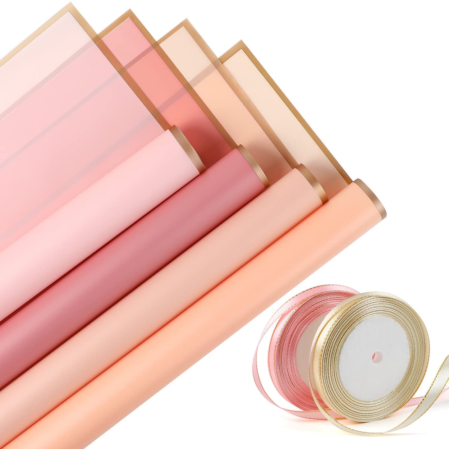 CCINEE 40 Sheets Flower Wrapping Paper, Translucent Gold Edge Waterproof Florist Packaging Paper Gift Box Packaging and 50 Yards Satin Ribbon for Wedding Engagement Bouquet Supplies (Pink Series)