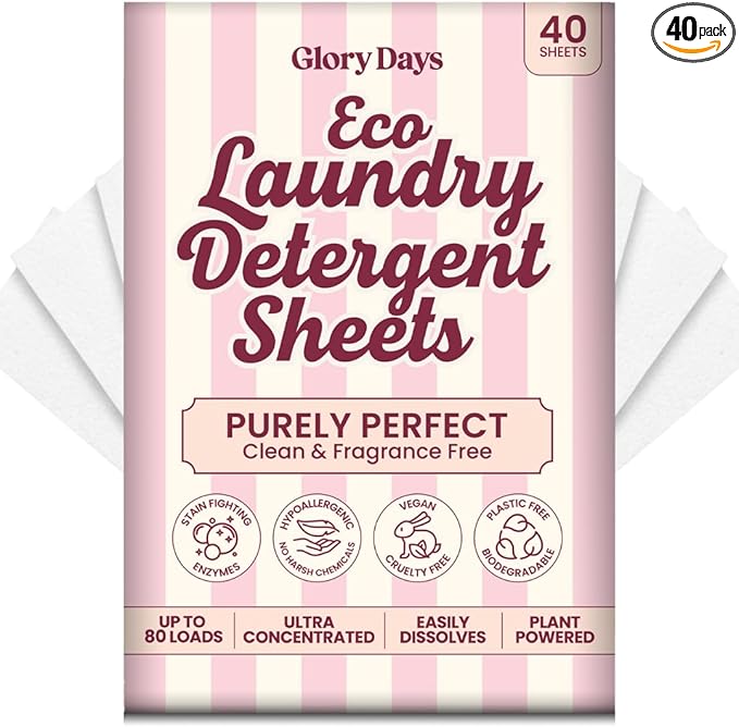 Glory Days Eco Laundry Detergent Sheets Strips – Purely Perfect (Fragrance-Free) | 40 Sheets = Up to 80 Loads | Enzyme-Powered, Plastic-Free, Hypoallergenic | HE, Top & Front Loader | Travel-Friendly