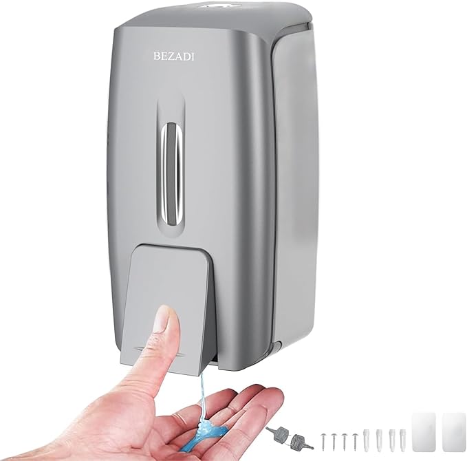 800ml Manual Soap Dispenser Wall Mount with Lock for Bathroom Kitchen 27fl oz Liquid Sanitizer ABS Silver No Drill, 9088