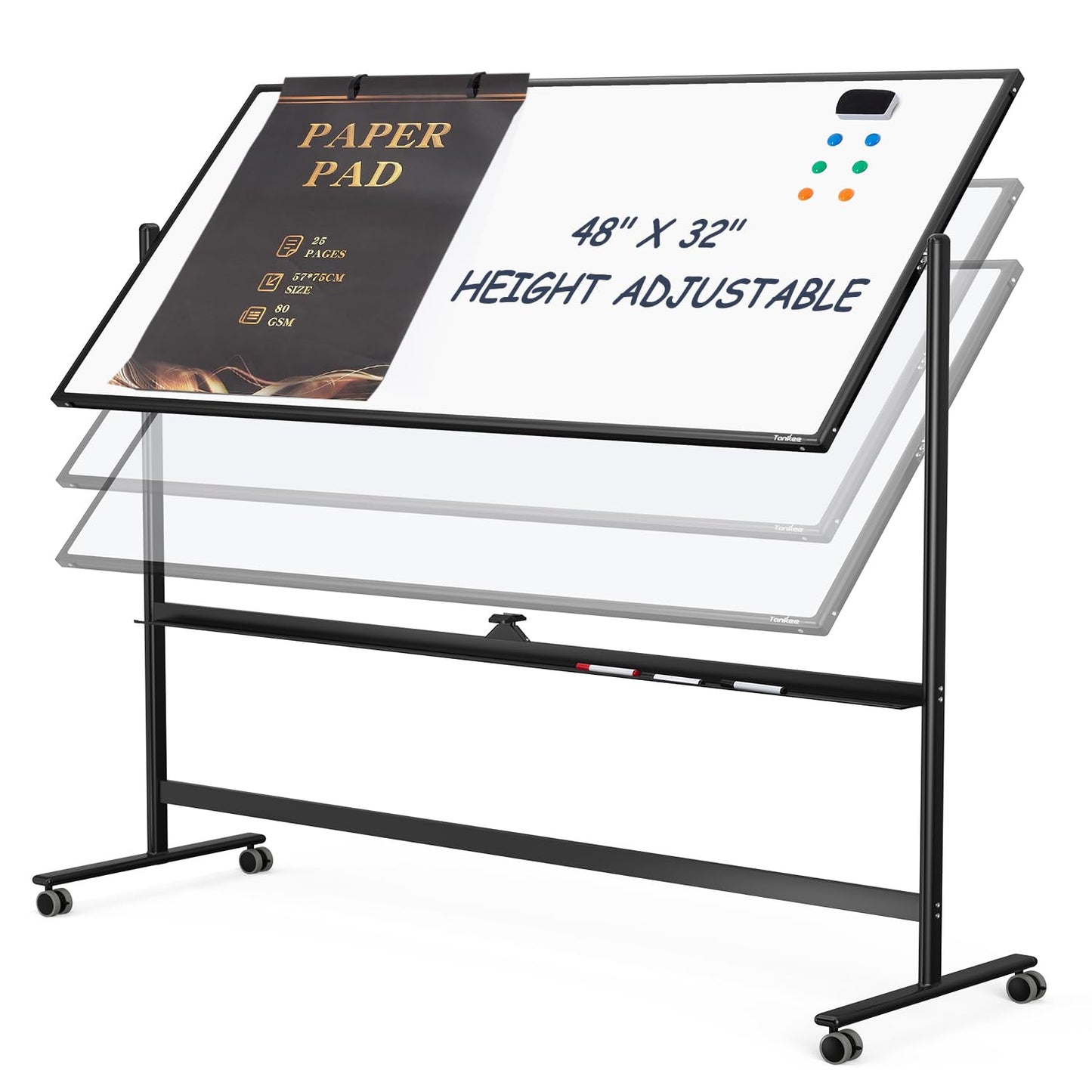 Dry Erase Whiteboard Easel on Wheels - TANKEE 48" x 32" Large Double Sided Mobile Whiteboard, Reversible Magnetic Rolling White Board for Home Office Classroom, Flip Chart Holders and Paper Pad