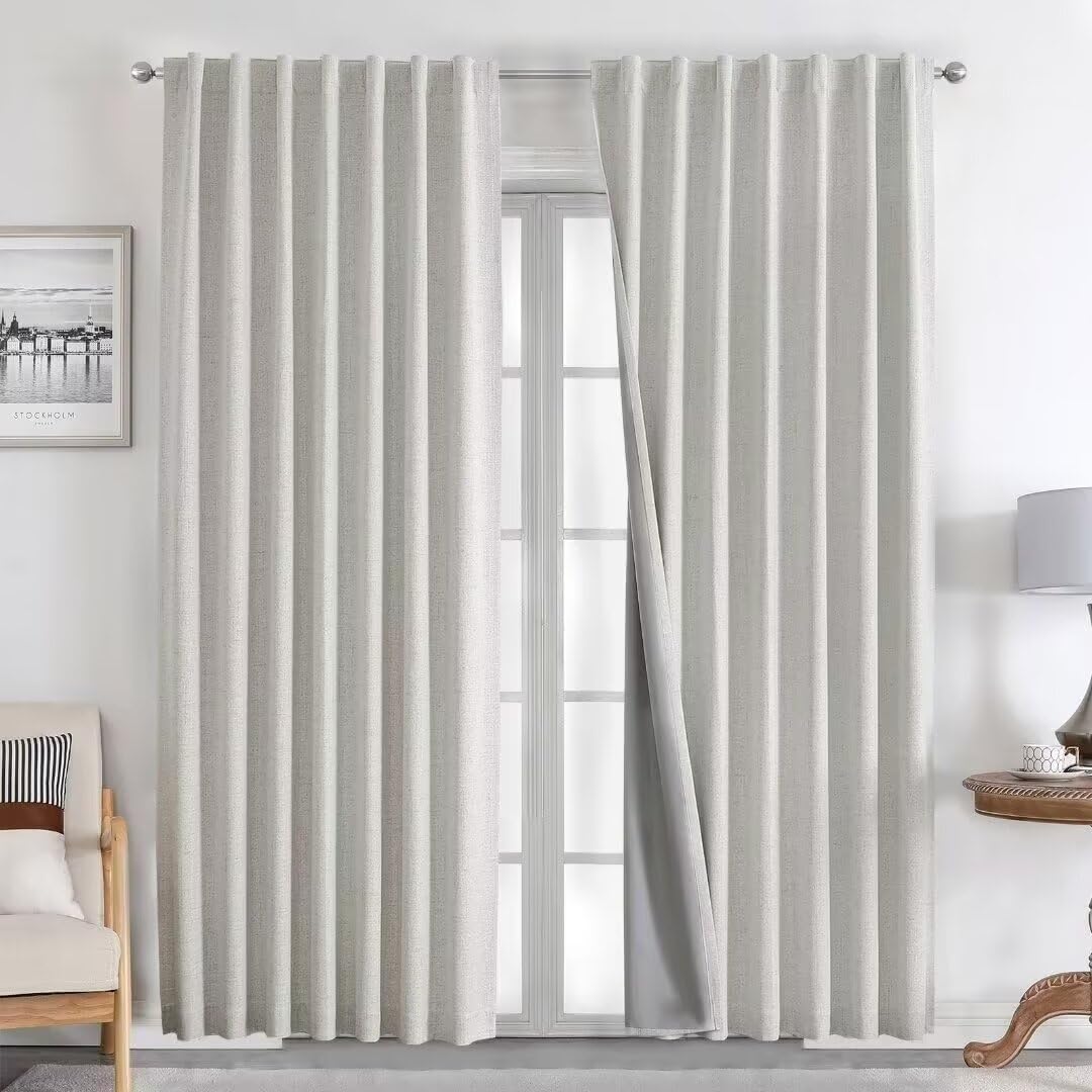 Joydeco Natural Linen Curtains 84 inch Length 2 Panels Set Burg 100% Blackout Patio Door Curtain Room Darkening Sliding Door Curtains Thermal Insulated Back tab Rod Pocket(105x84 inch, White)
