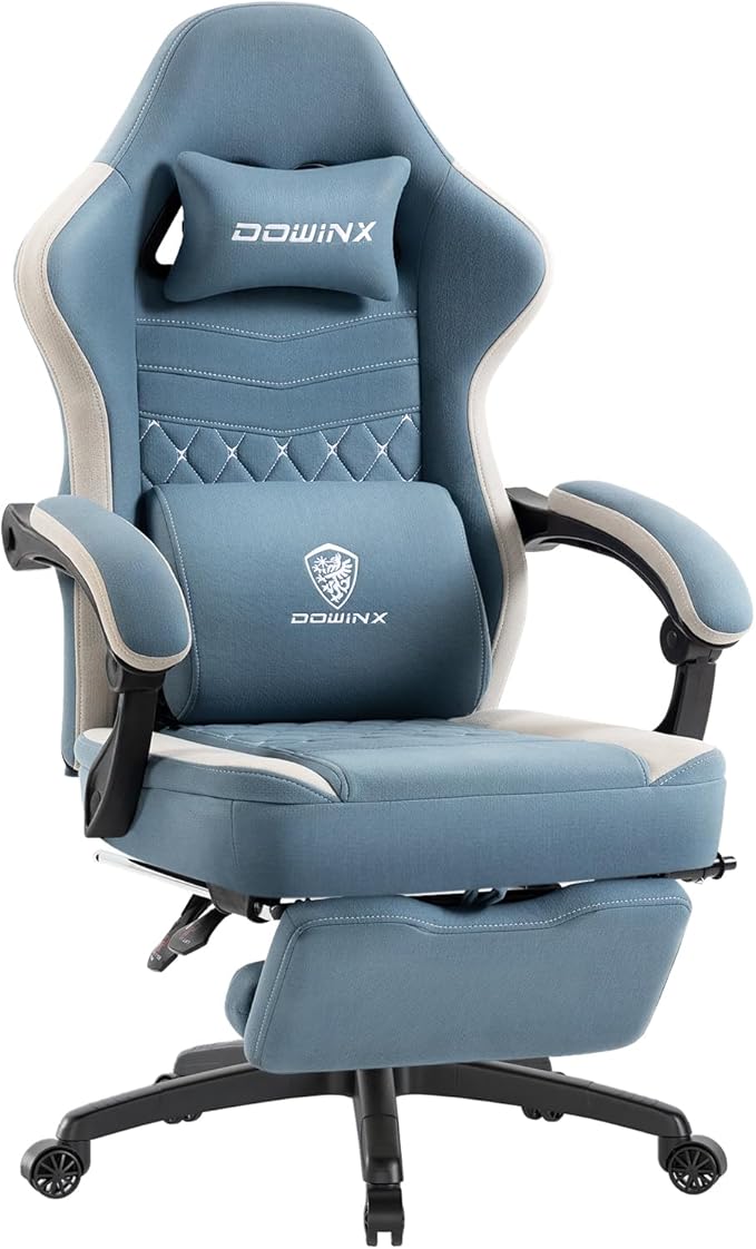 Dowinx Gaming Chair with Footrest, Breathable Fabric Gamer Chair with Gel Pad and Storage Bag, Ergonomic Office Chair with Lumbar Support for Home Task, Blue