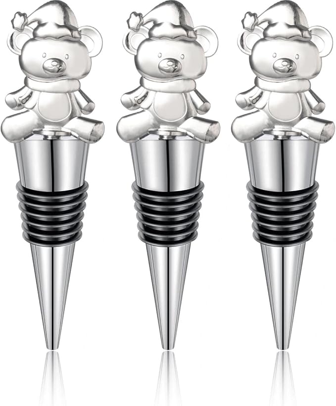 Set of 3 Metal Reusable Bear Wine Bottle Stoppers for Wine, Champagne - Christmas Decorative Party Favor