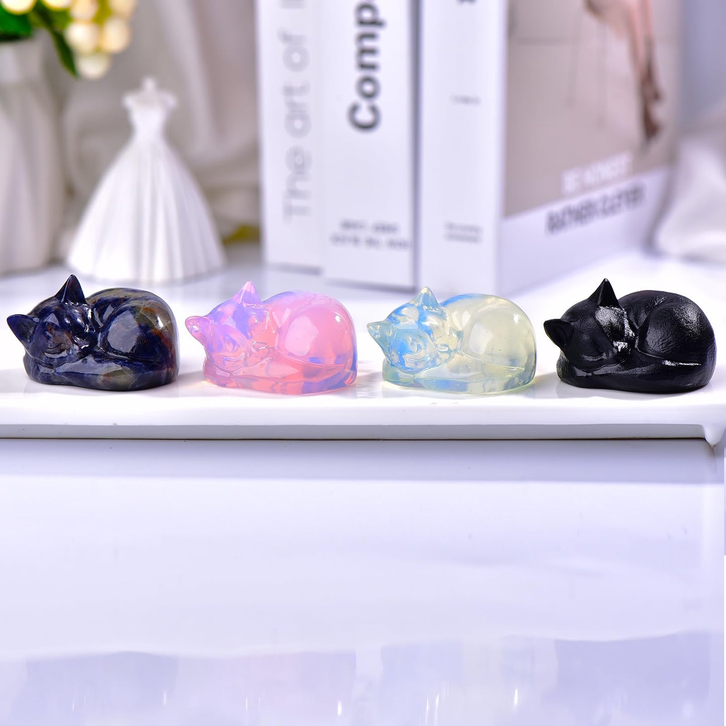 Ytbeoxk 2.1 Inch Opal Cat Crystal Statue, Healing Crystal Sleeping Cat Gemstones Decorations, Lucky Cute Kitten Figurines, White Cat Gift Home Office Desk Decor for Women and Men