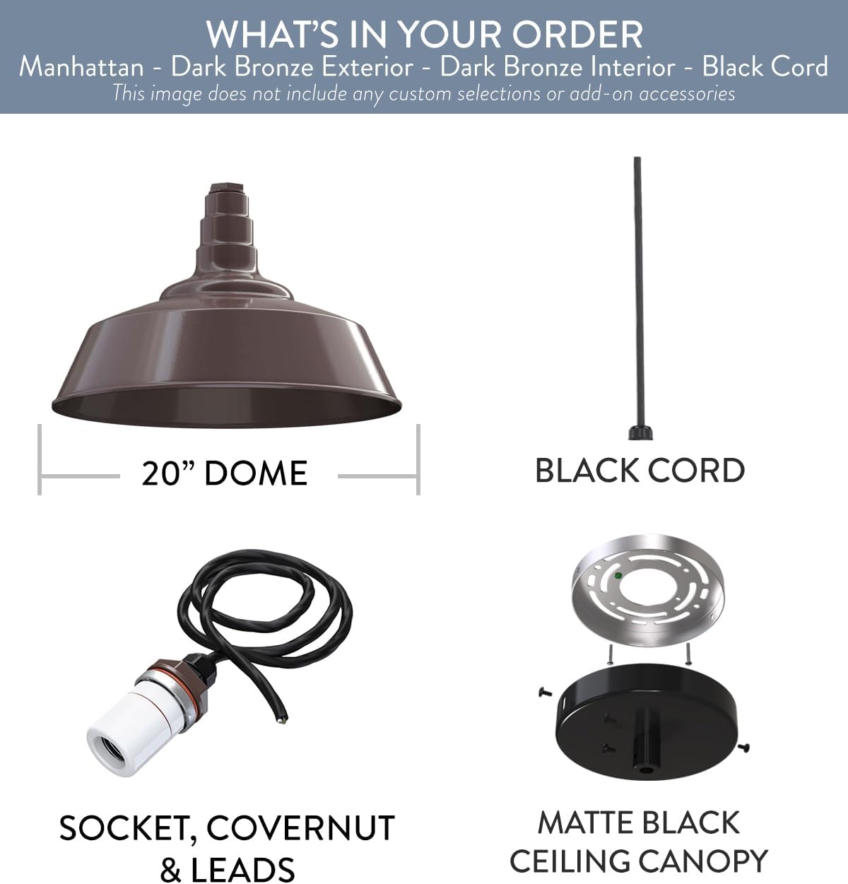 Steel Lighting Co. Manhattan Warehouse Light | Ceiling Mounted Pendant | 20 inch Dome | Black Cord | Large Steel Barn Light Made in America | Dark Bronze Interior/Dark Bronze Exterior