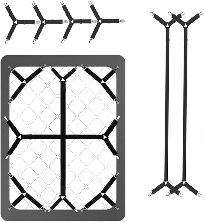 6-Pack Adjustable Sheet Straps, Fitted Sheet Holders， Secure Your Bed Sheets Instantly! These Heavy-Duty Sheet Clips Keep Fitted Sheets Tight on Mattresses Up to 21 Inches Deep for a Neat,