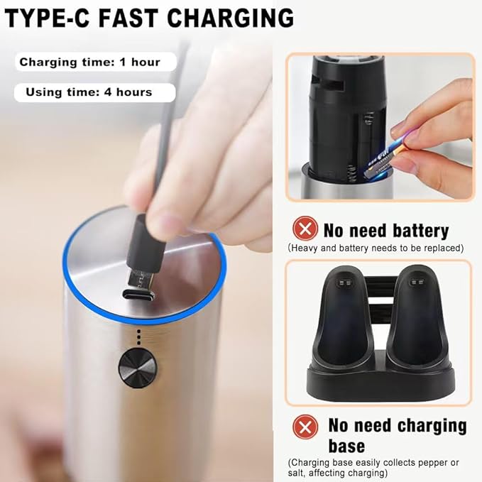 Rechargeable Electric Salt and Pepper Grinder Set, Upgraded Larger Capacity,Premium Stainless Steel Automatic Pepper Salt Mill Grinder Set with LED Light, 6 Adjustable Coarseness