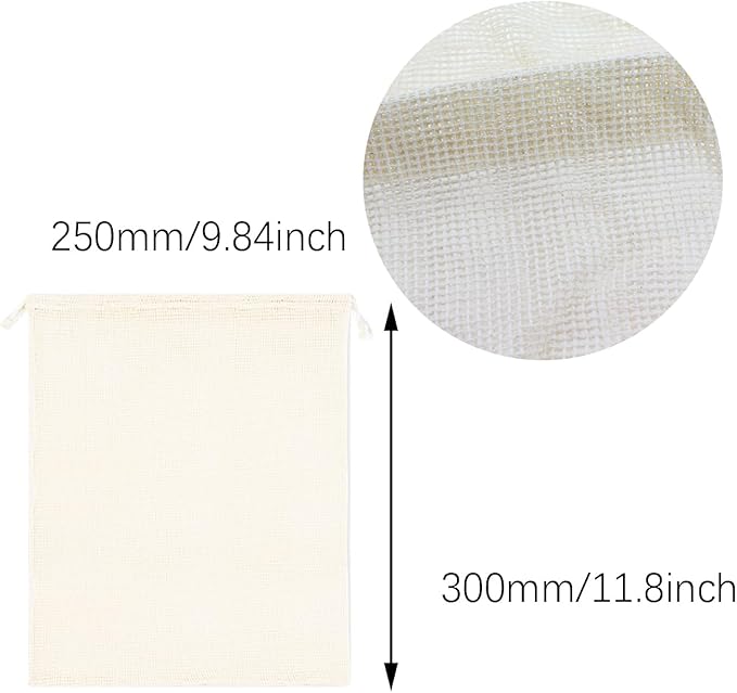 6PCS White Eco Friendly Organic Cotton Drawstring Mesh Bag 300mm Reusable Fruit and Vegetable Pouch
